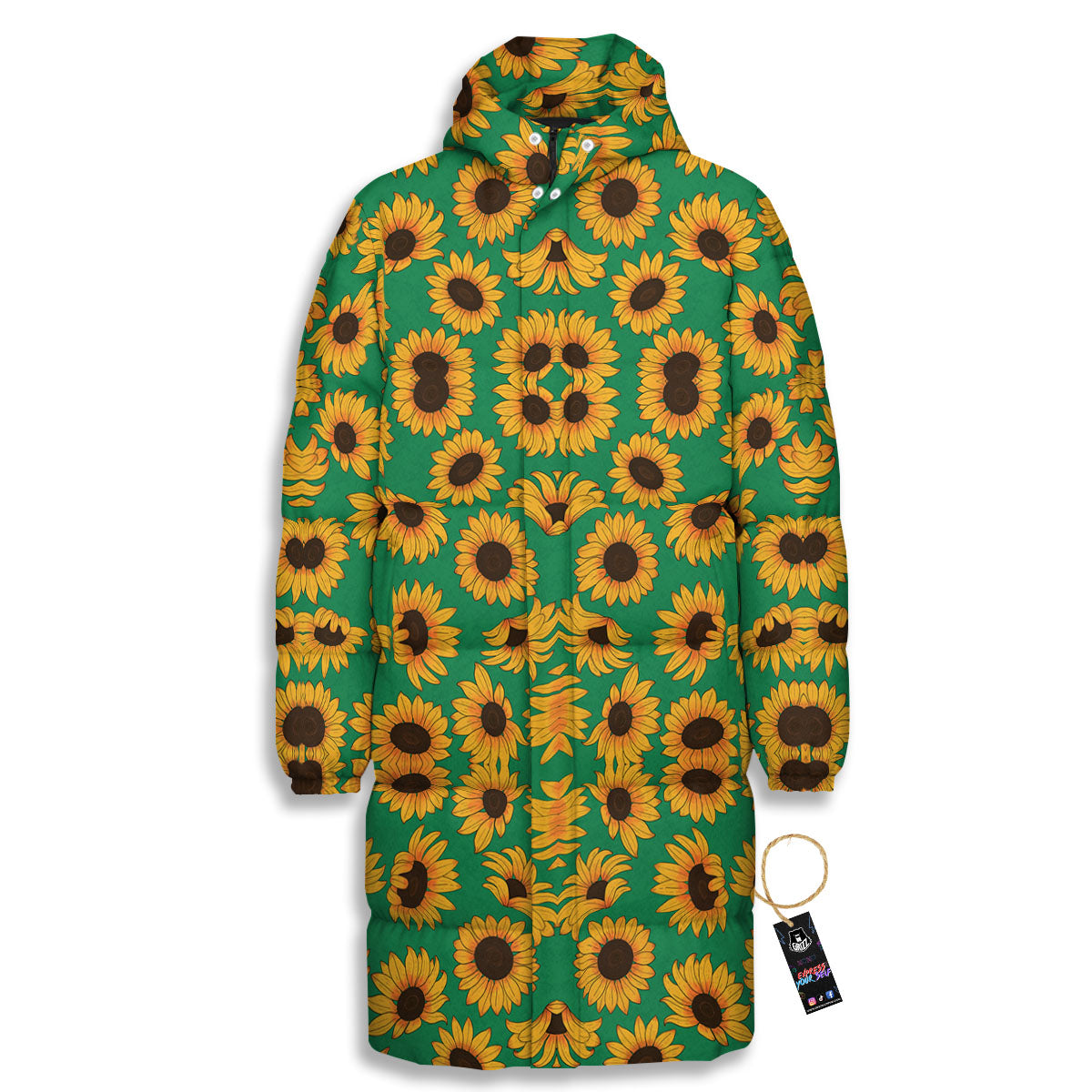 Sunflower Green Print Pattern Long Down Jacket-grizzshop