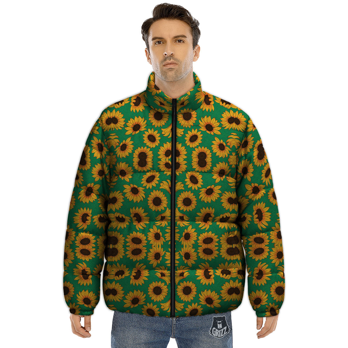 Sunflower Green Print Pattern Puffer Jacket-grizzshop