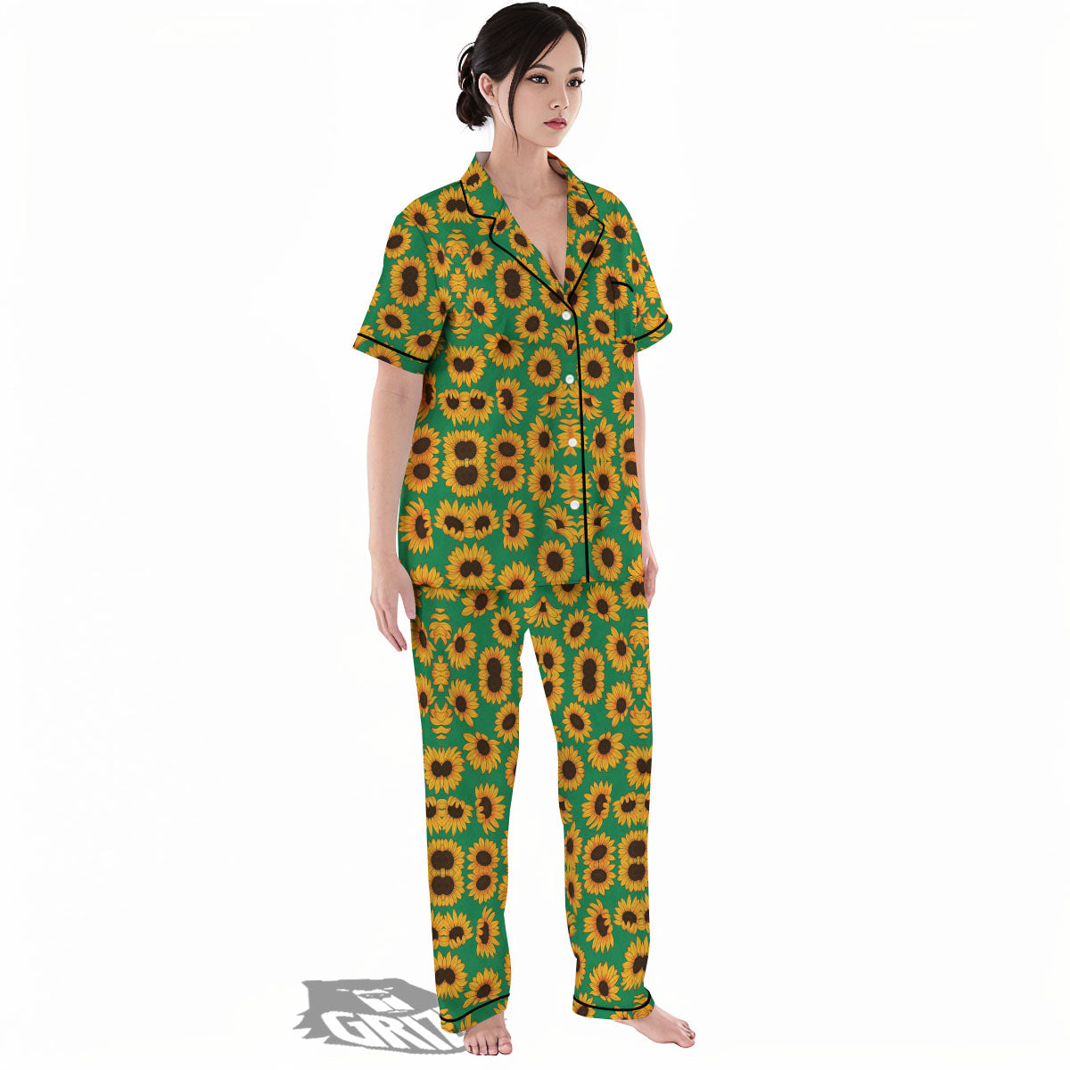 Sunflower Green Print Pattern Women's Pajamas Set-grizzshop