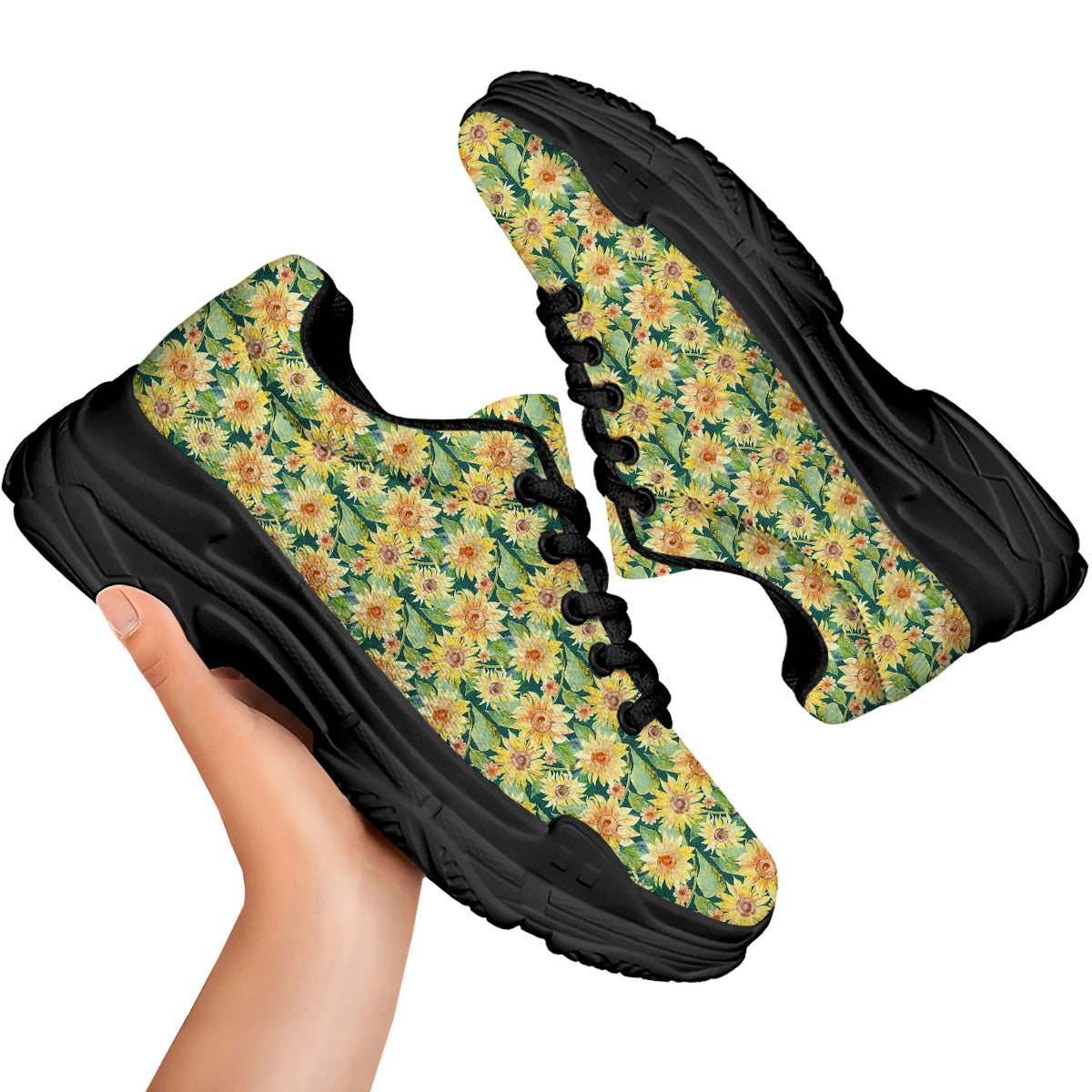Sunflower Green Watercolor Print Pattern Black Chunky Shoes-grizzshop