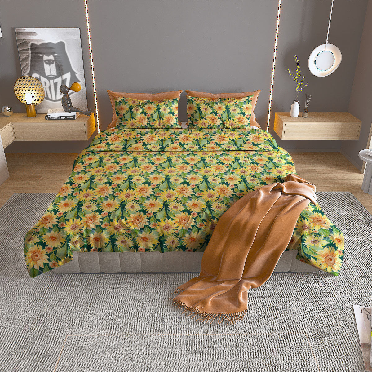 Sunflower Green Watercolor Print Pattern Duvet Cover Bedding Set-grizzshop