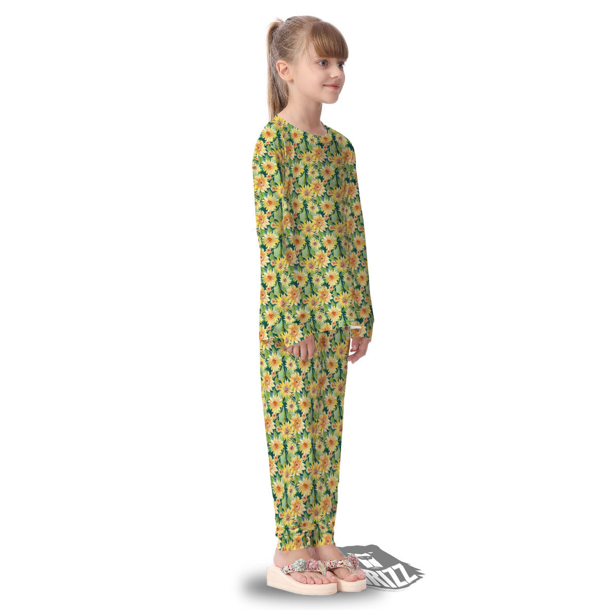 Sunflower Green Watercolor Print Pattern Kid's Pajamas-grizzshop