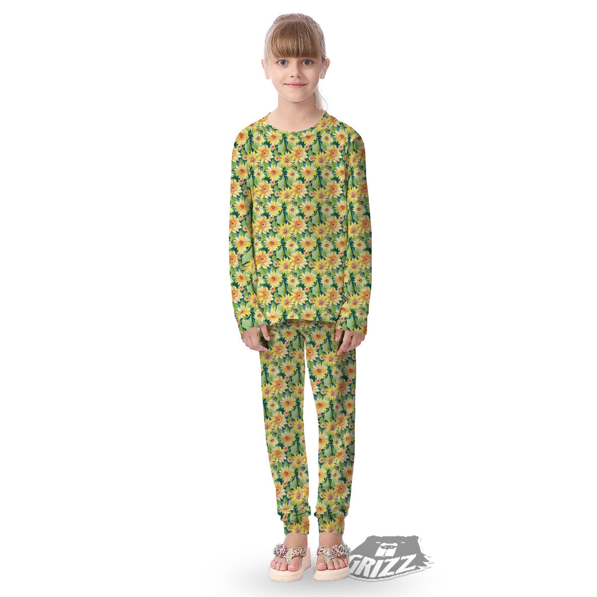 Sunflower Green Watercolor Print Pattern Kid's Pajamas-grizzshop
