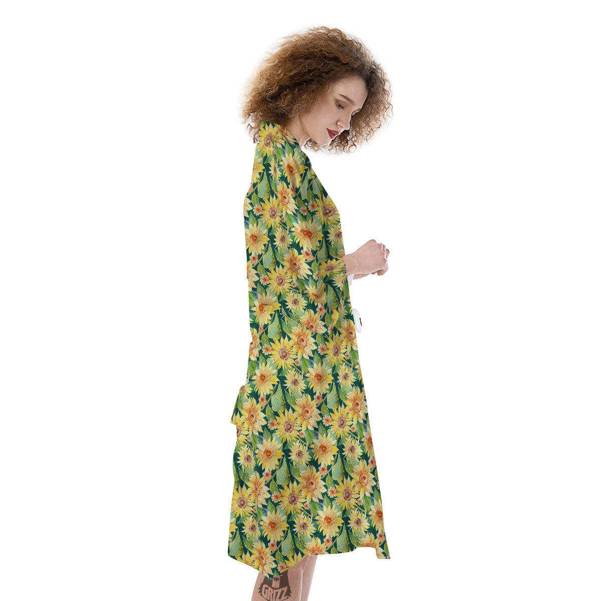 Sunflower Green Watercolor Print Pattern Kimono-grizzshop