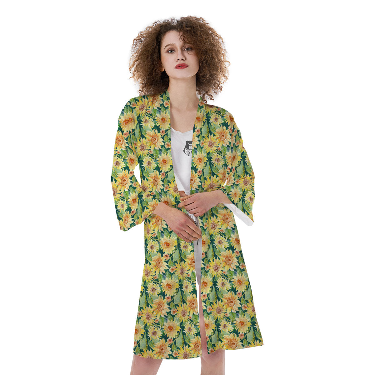 Sunflower Green Watercolor Print Pattern Kimono-grizzshop