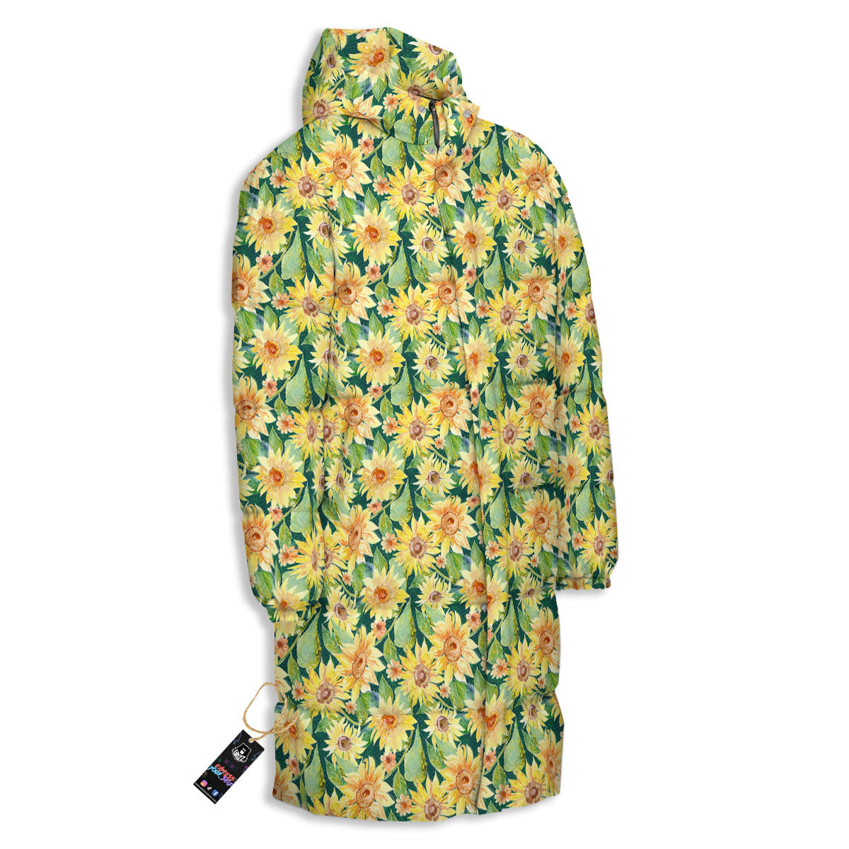 Sunflower Green Watercolor Print Pattern Long Down Jacket-grizzshop