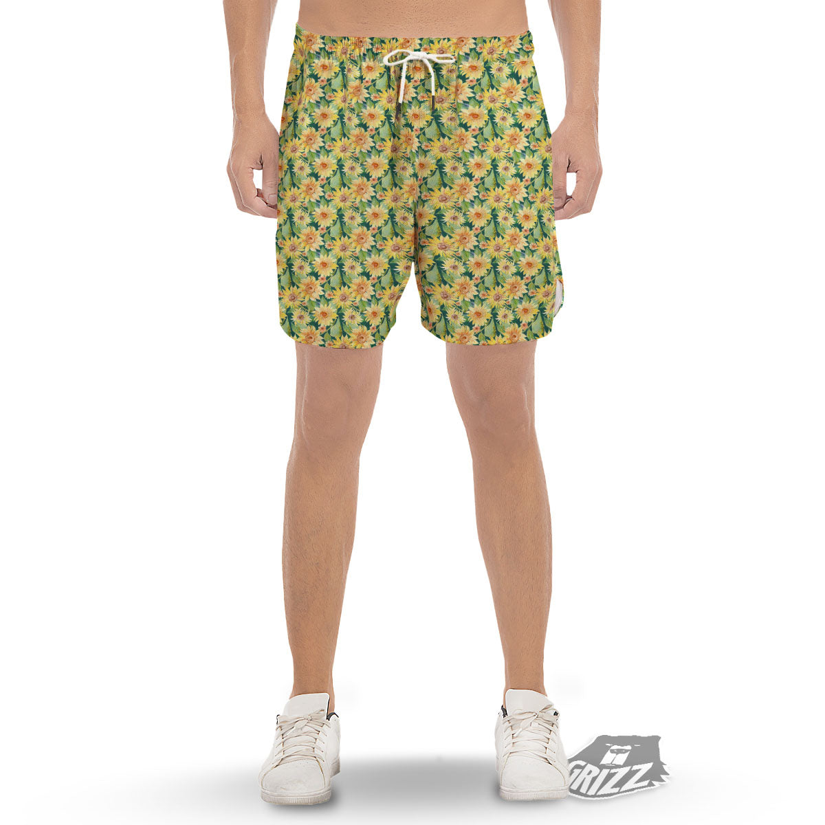 Sunflower Green Watercolor Print Pattern Men's Gym Shorts-grizzshop
