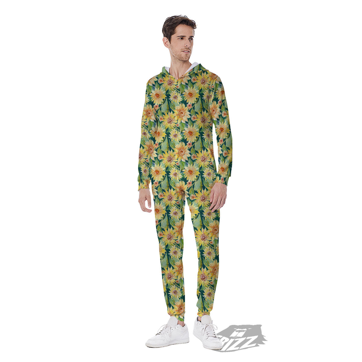 Sunflower Green Watercolor Print Pattern Men's Jumpsuit-grizzshop