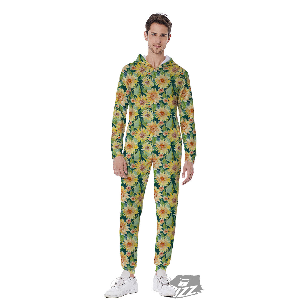 Sunflower Green Watercolor Print Pattern Men's Jumpsuit-grizzshop