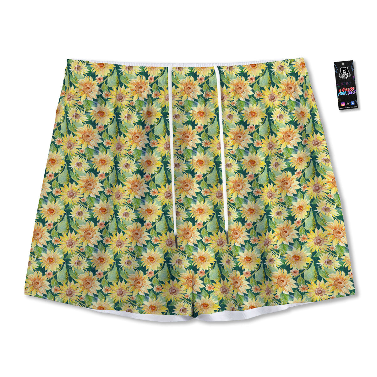 Sunflower Green Watercolor Print Pattern Mesh Shorts-grizzshop