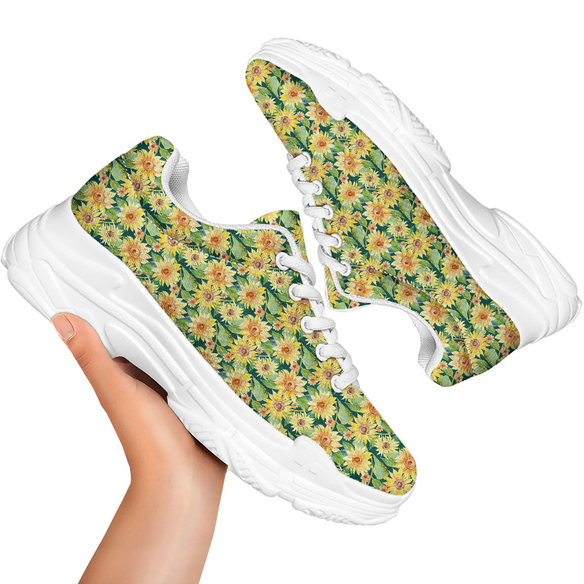 Sunflower Green Watercolor Print Pattern White Chunky Shoes-grizzshop