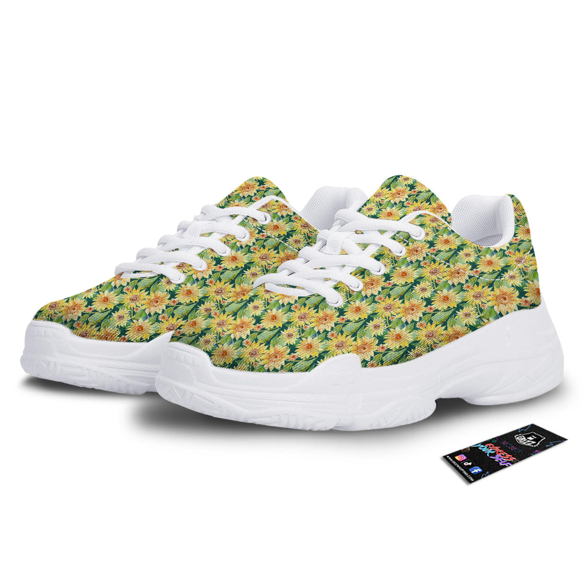Sunflower Green Watercolor Print Pattern White Chunky Shoes-grizzshop