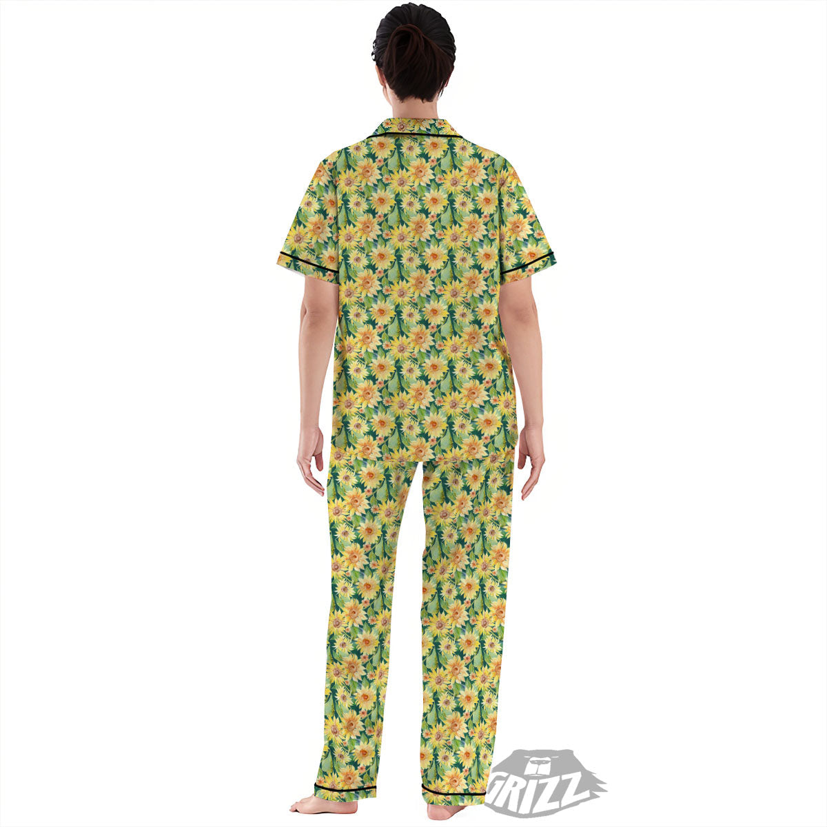 Sunflower Green Watercolor Print Pattern Women's Pajamas Set-grizzshop