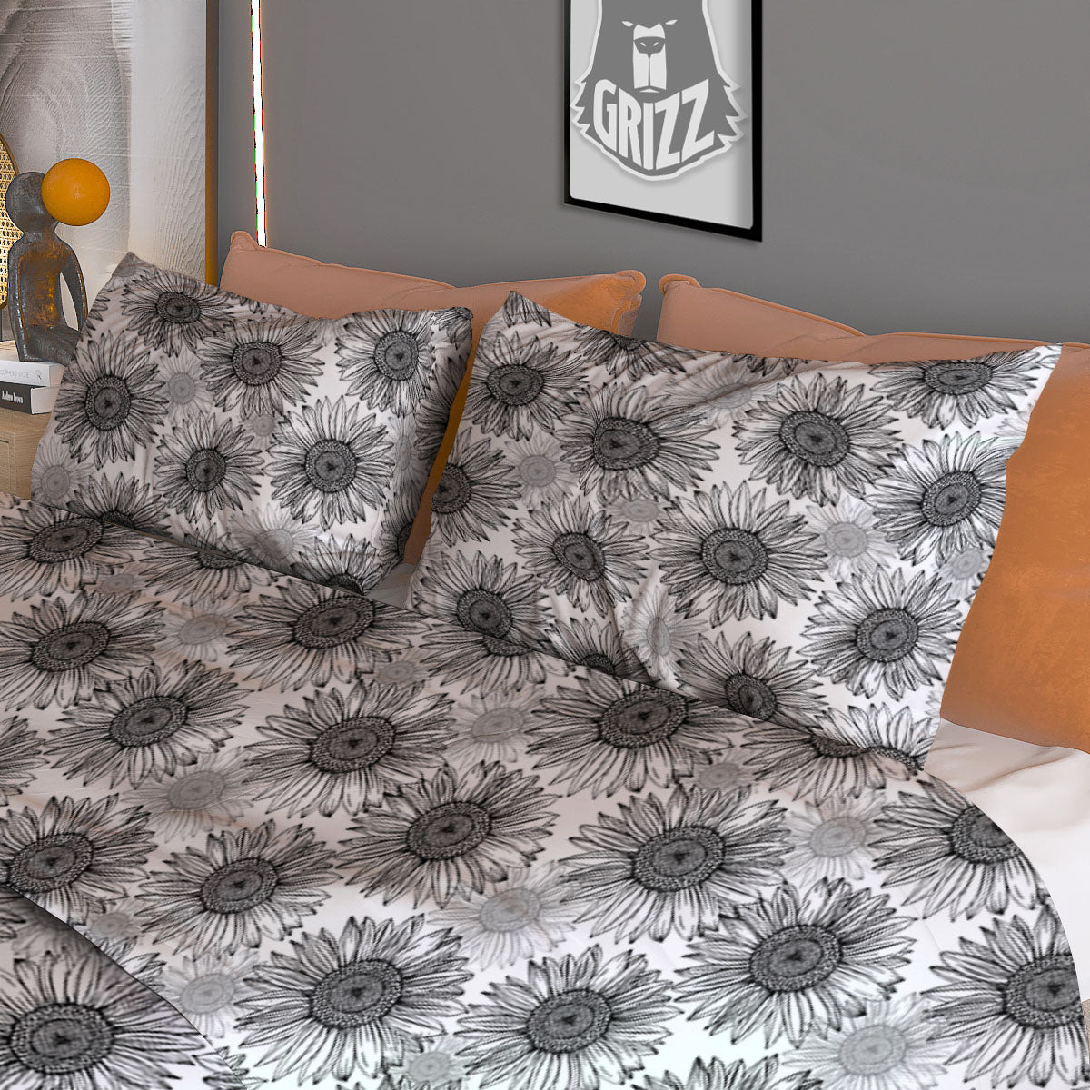 Sunflower Hand Drawn Print Pattern Duvet Cover Bedding Set