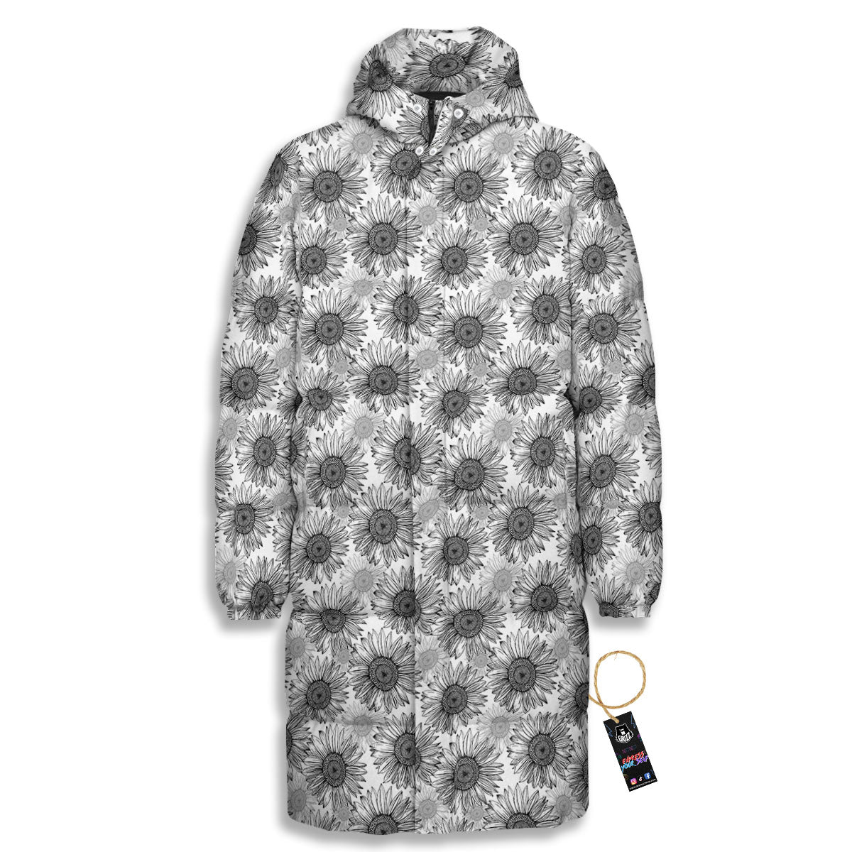Sunflower Hand Drawn Print Pattern Long Down Jacket-grizzshop