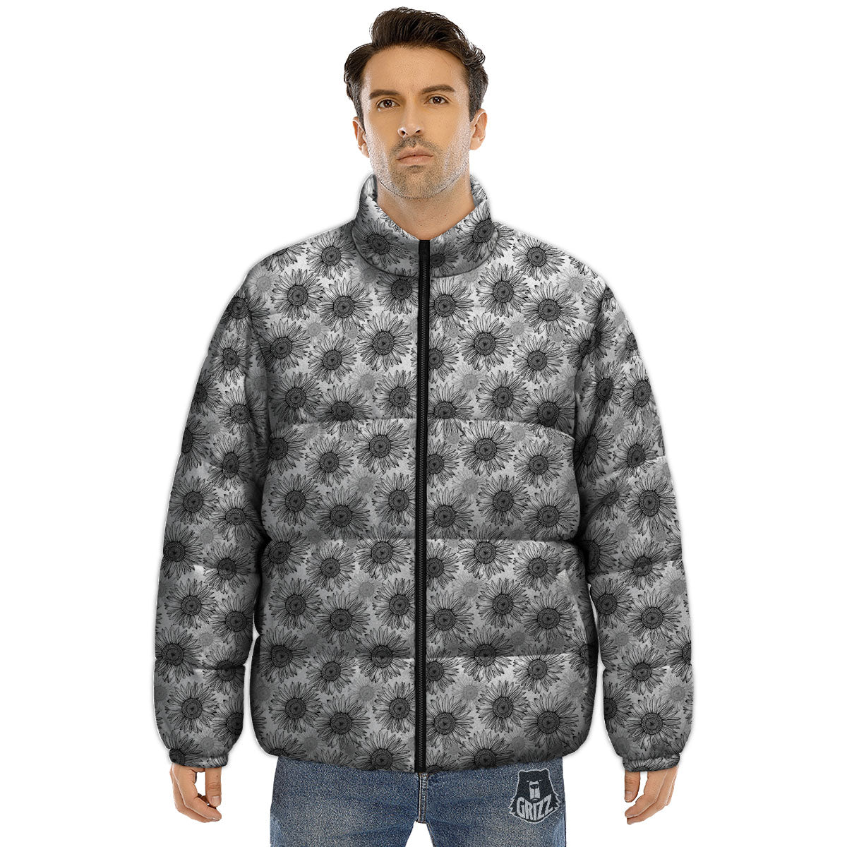 Sunflower Hand Drawn Print Pattern Puffer Jacket-grizzshop