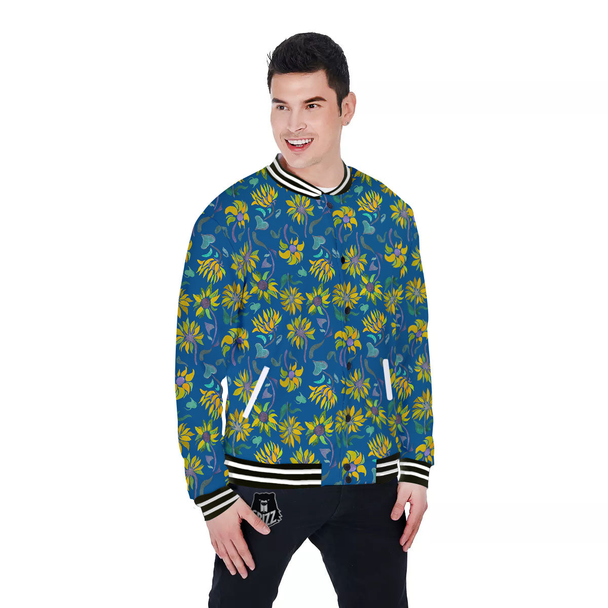 Sunflower Navy Print Pattern Baseball Jacket-grizzshop