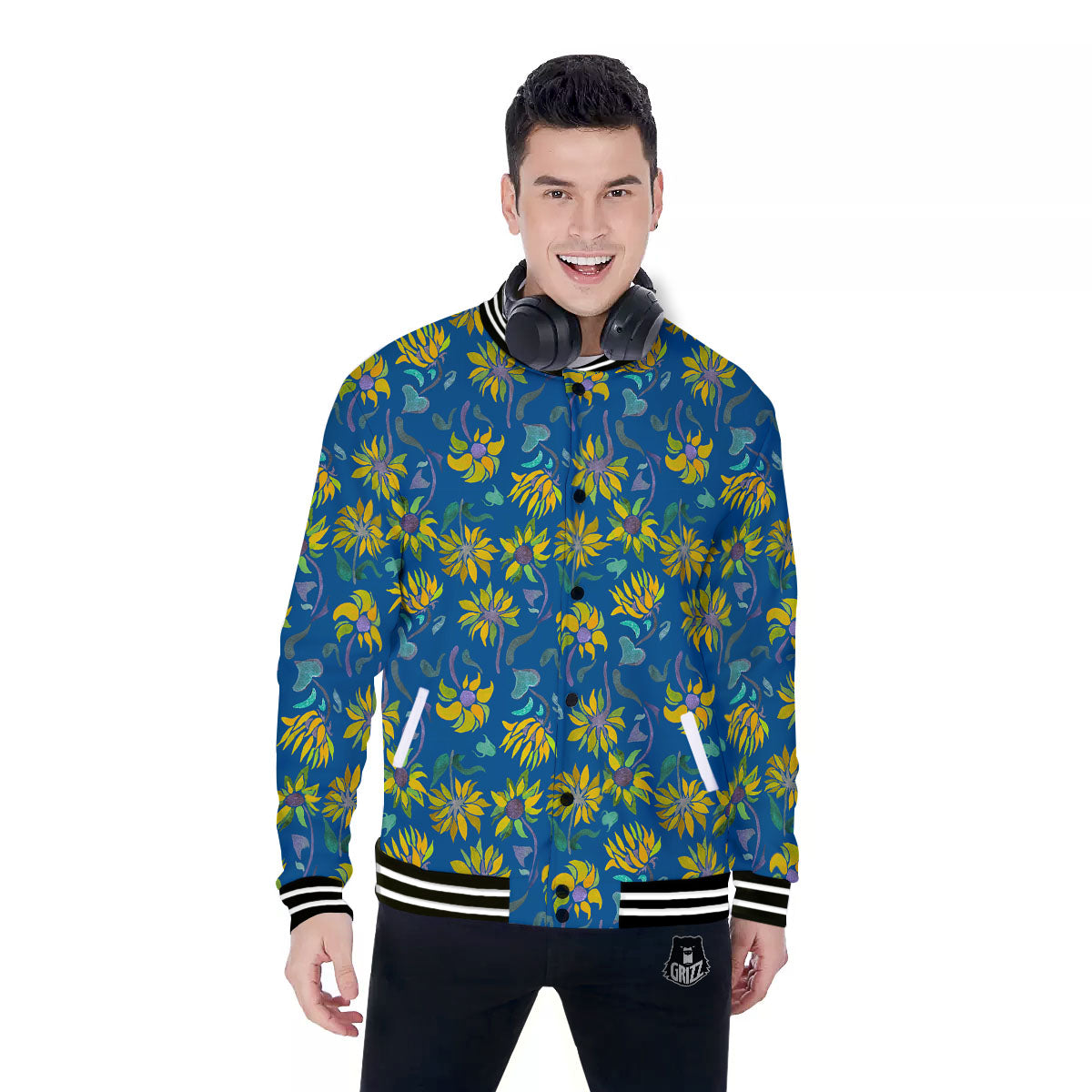 Sunflower Navy Print Pattern Baseball Jacket-grizzshop