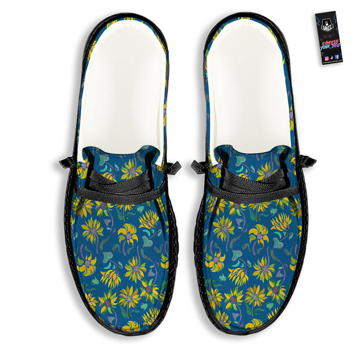 Sunflower Navy Print Pattern Black Loafers-grizzshop