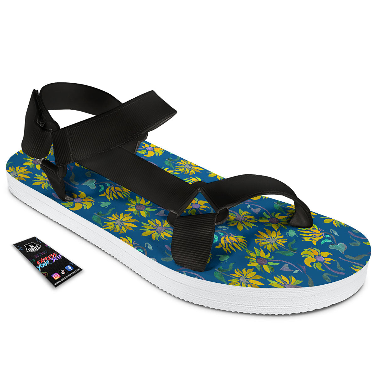 Sunflower Navy Print Pattern Black Open Toe Sandals-grizzshop