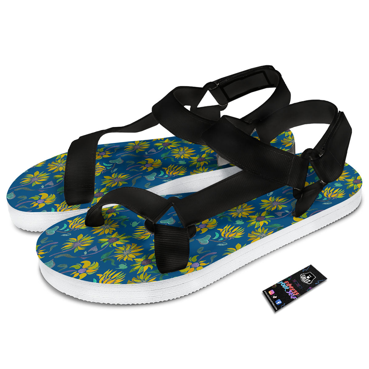 Sunflower Navy Print Pattern Black Open Toe Sandals-grizzshop