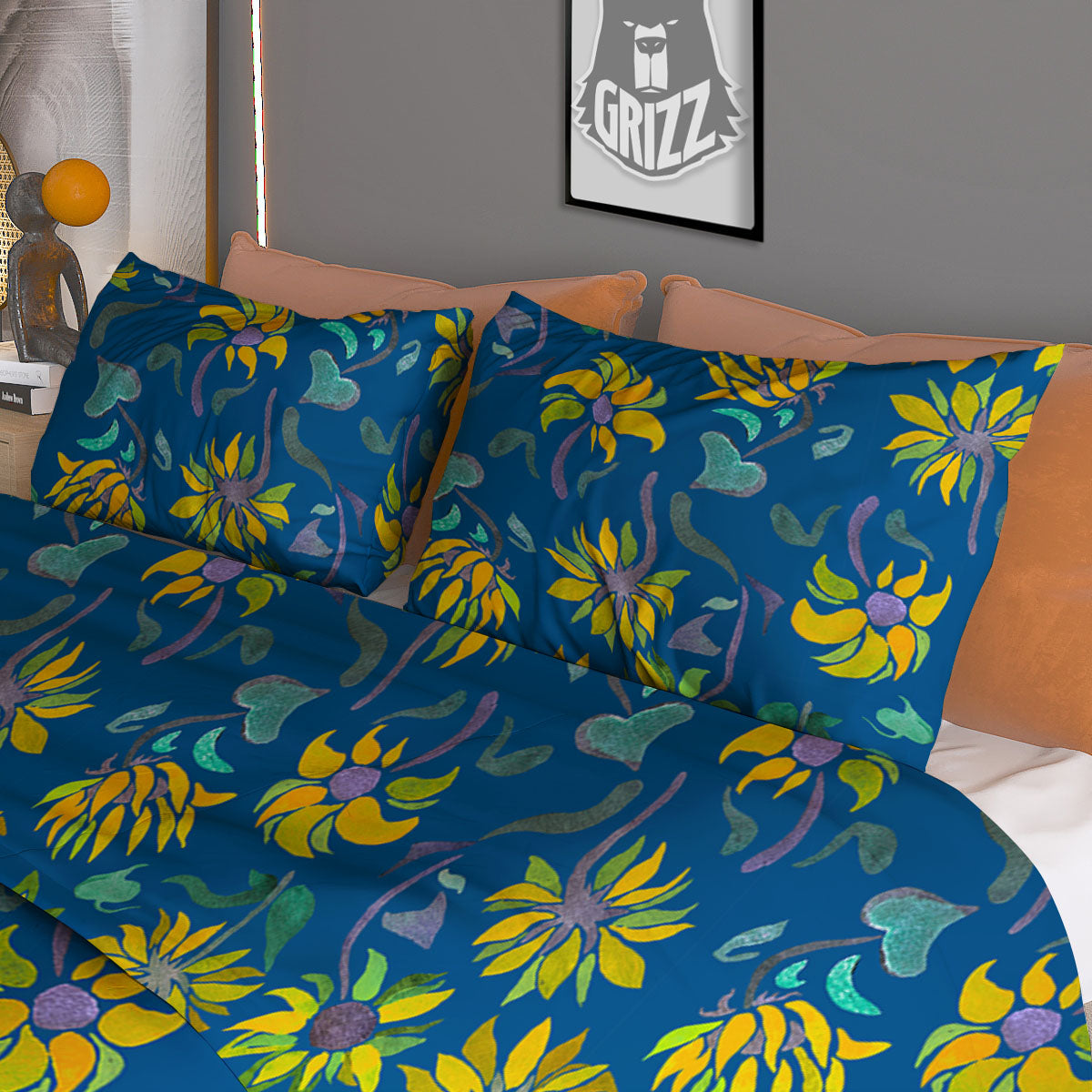 Sunflower Navy Print Pattern Duvet Cover Bedding Set