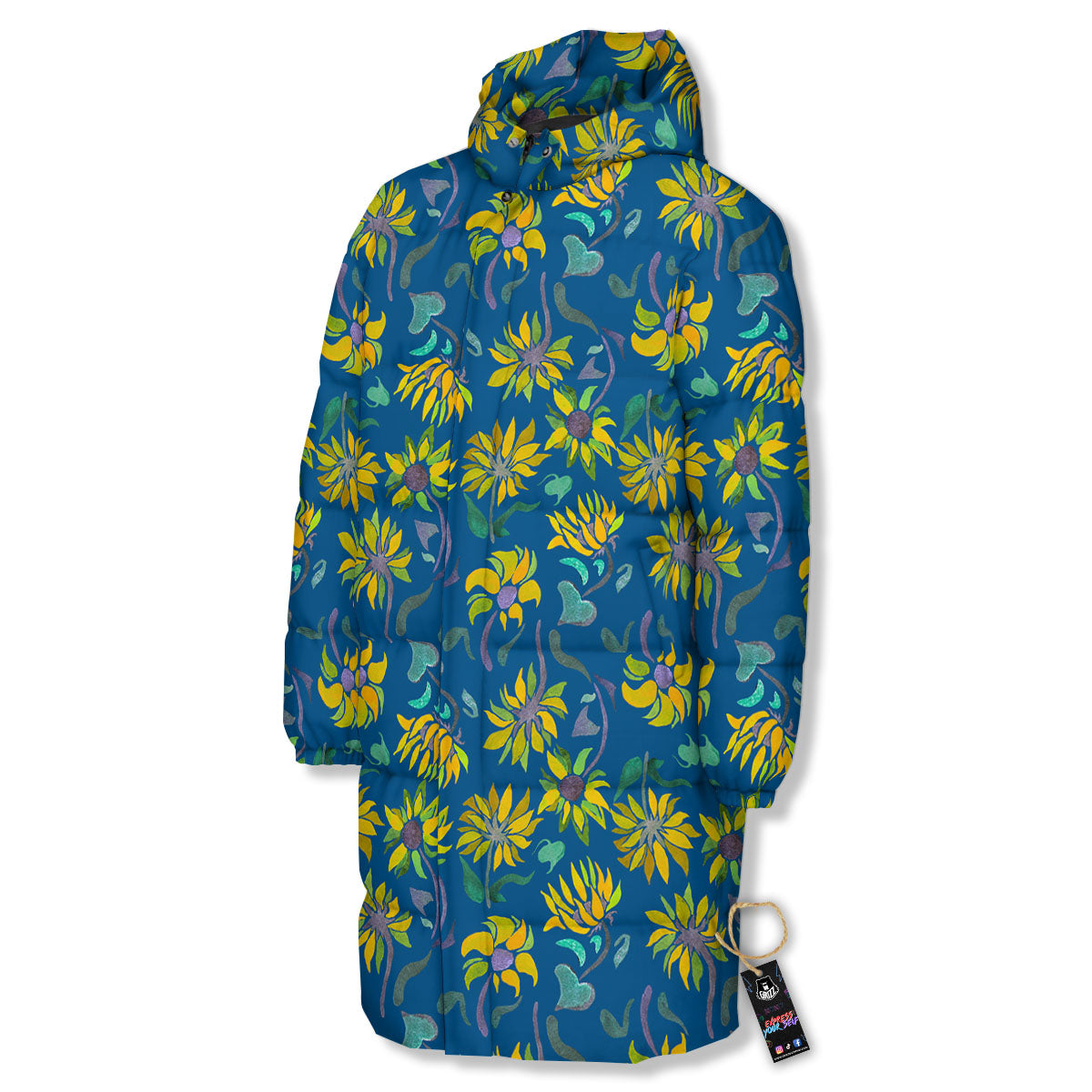 Sunflower Navy Print Pattern Long Down Jacket-grizzshop