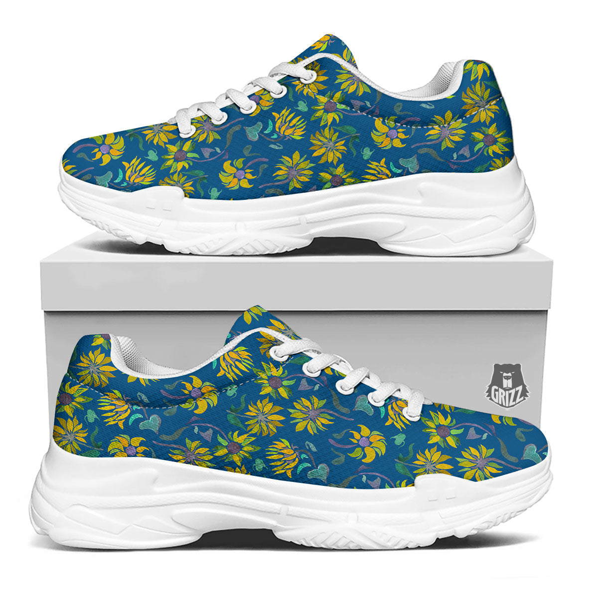 Sunflower Navy Print Pattern White Chunky Shoes-grizzshop