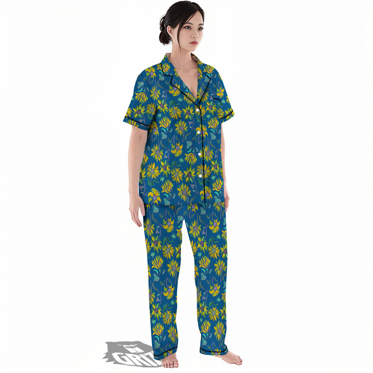 Sunflower Navy Print Pattern Women's Pajamas Set-grizzshop