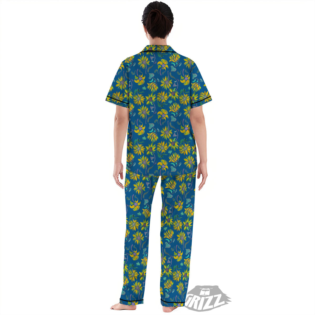 Sunflower Navy Print Pattern Women's Pajamas Set-grizzshop
