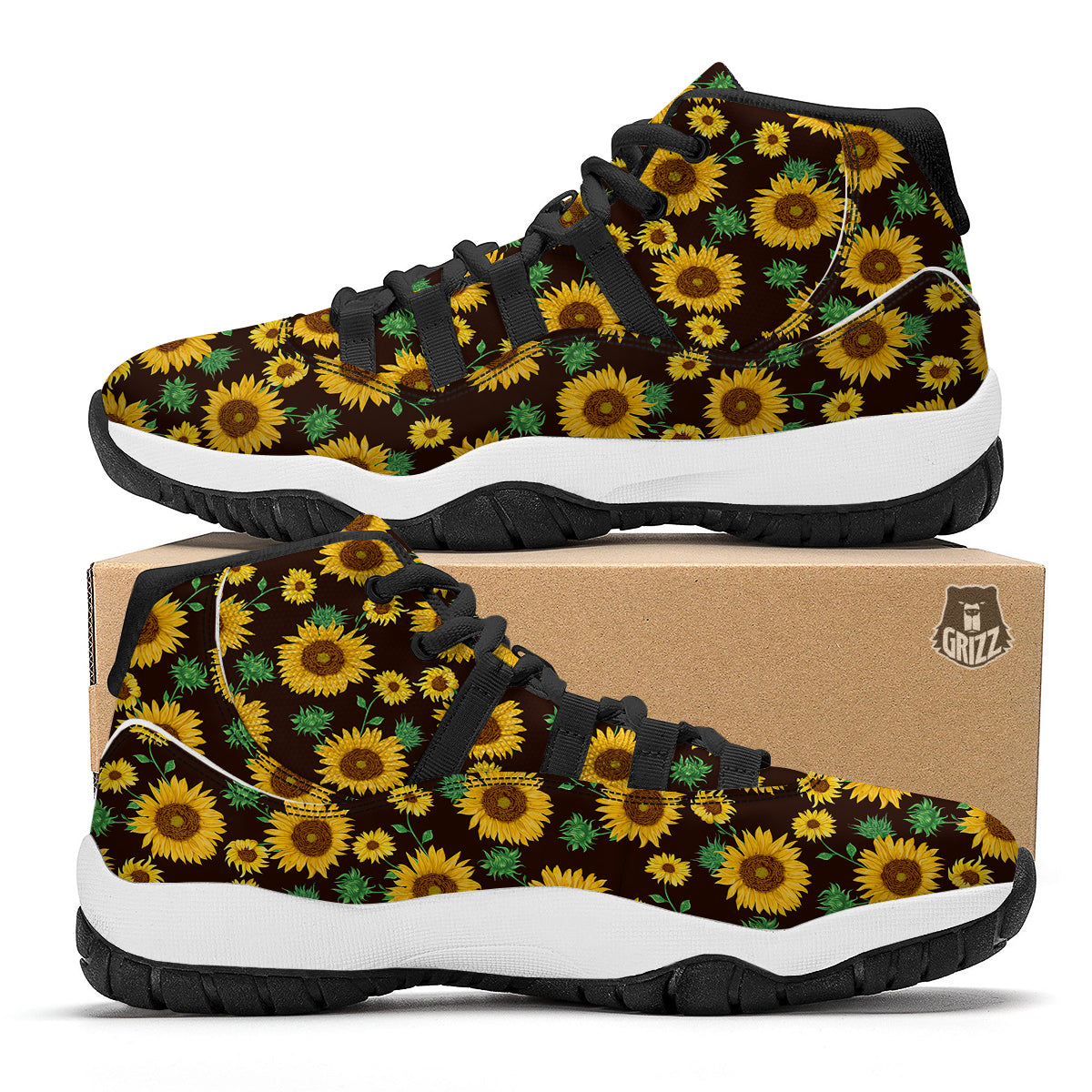 Sunflower Pattern Print Black Bball Shoes-grizzshop