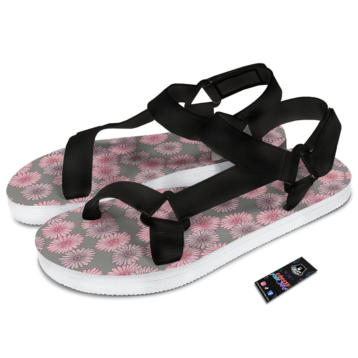 Sunflower Pink Print Pattern Black Open Toe Sandals-grizzshop