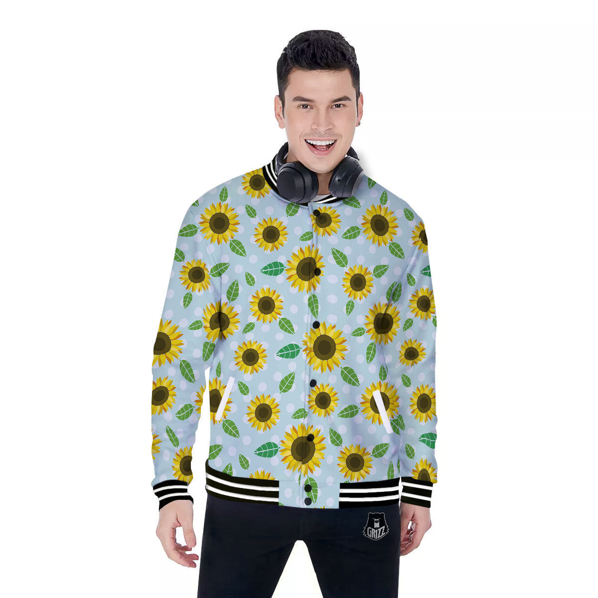 Sunflower Polka Dot Print Pattern Baseball Jacket-grizzshop