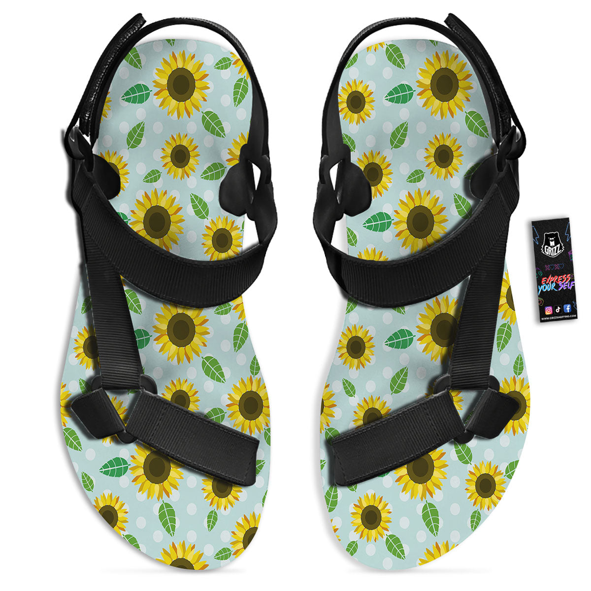 Sunflower Polka Dot Print Pattern Black Open Toe Sandals-grizzshop