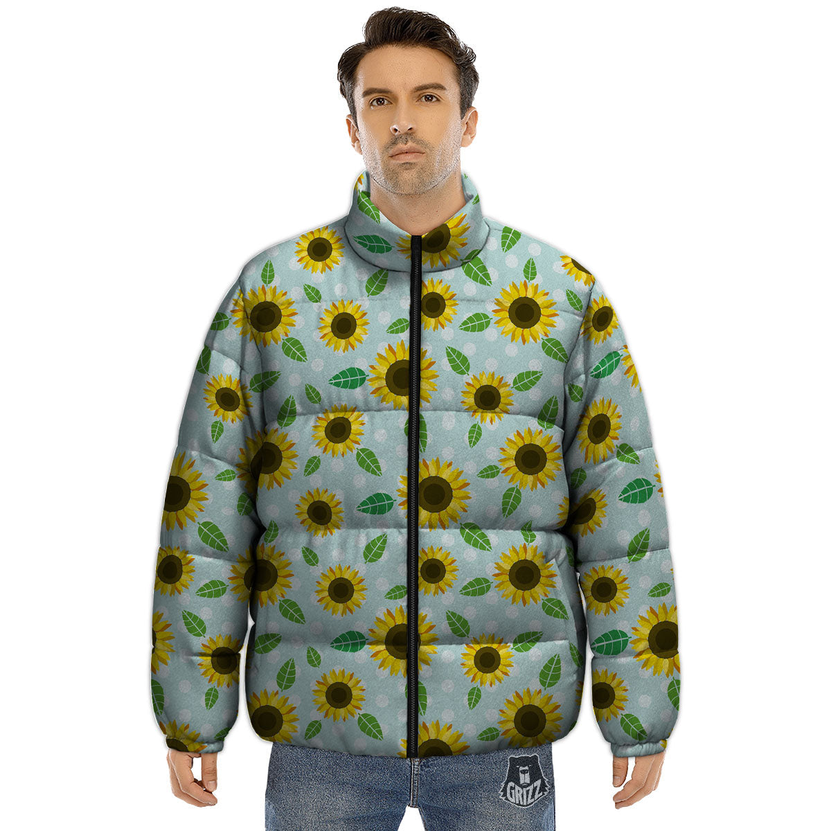 Sunflower Polka Dot Print Pattern Puffer Jacket-grizzshop
