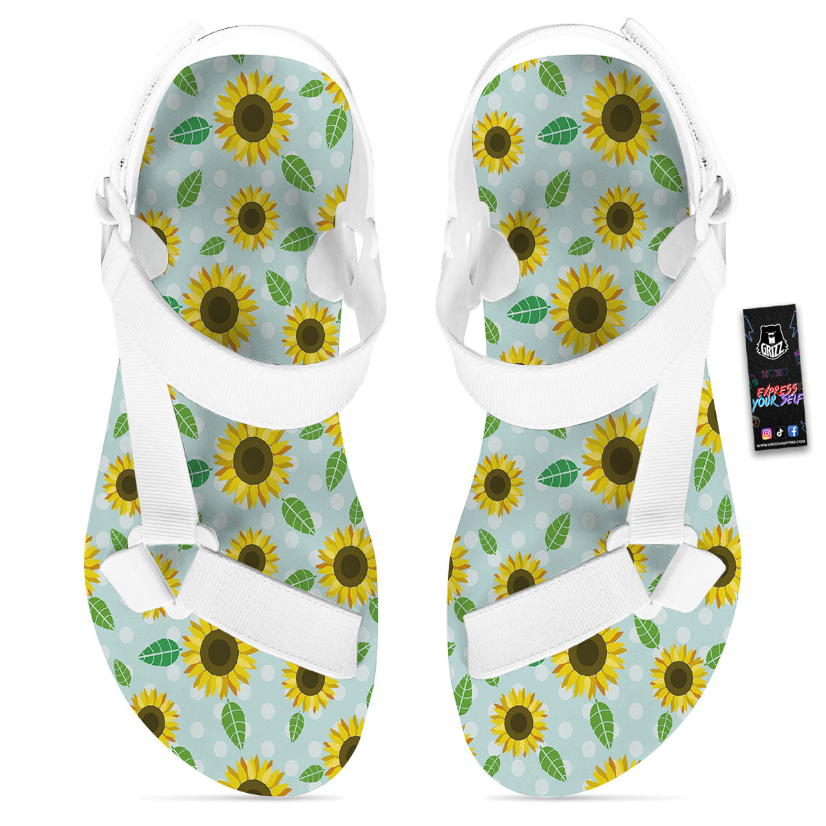 Sunflower Polka Dot Print Pattern White Open Toe Sandals-grizzshop