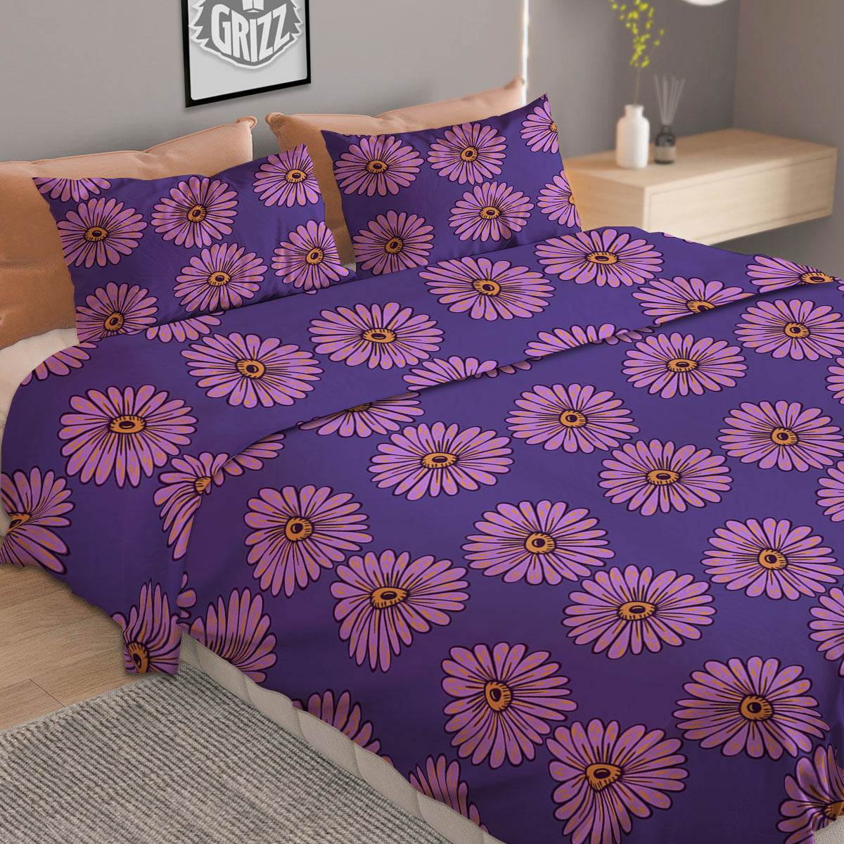 Tattersall Orange And Purple Print Pattern Duvet Cover Bedding Set
