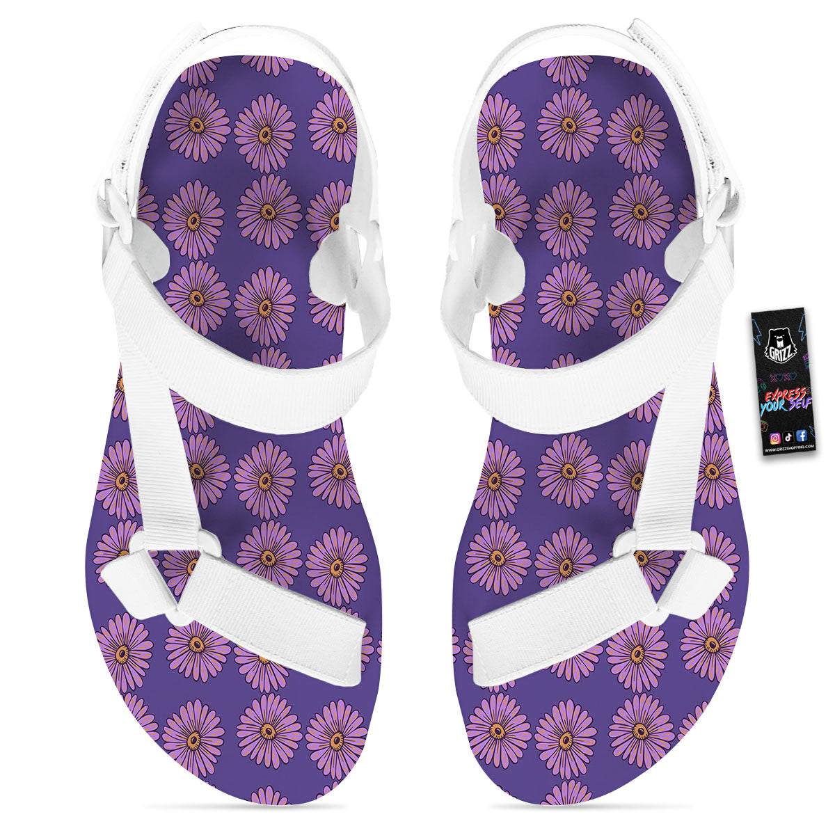 Sunflower Purple Print Pattern White Open Toe Sandals-grizzshop