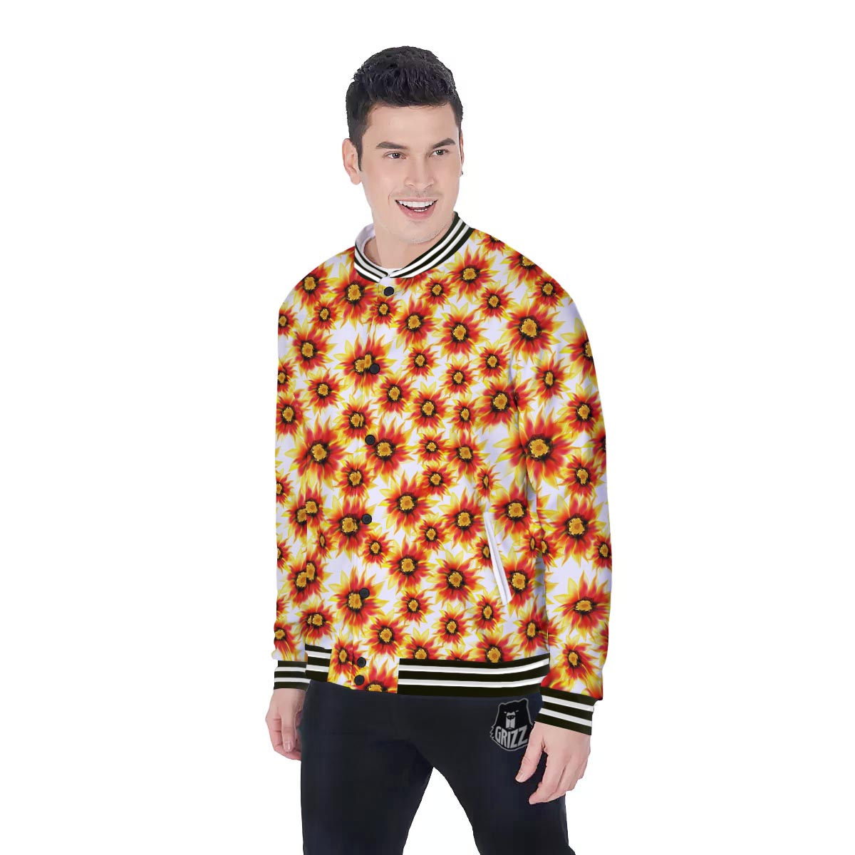 Sunflower Red Autumn Print Pattern Baseball Jacket-grizzshop