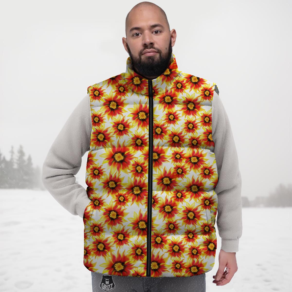 Sunflower Red Autumn Print Pattern Down Vest