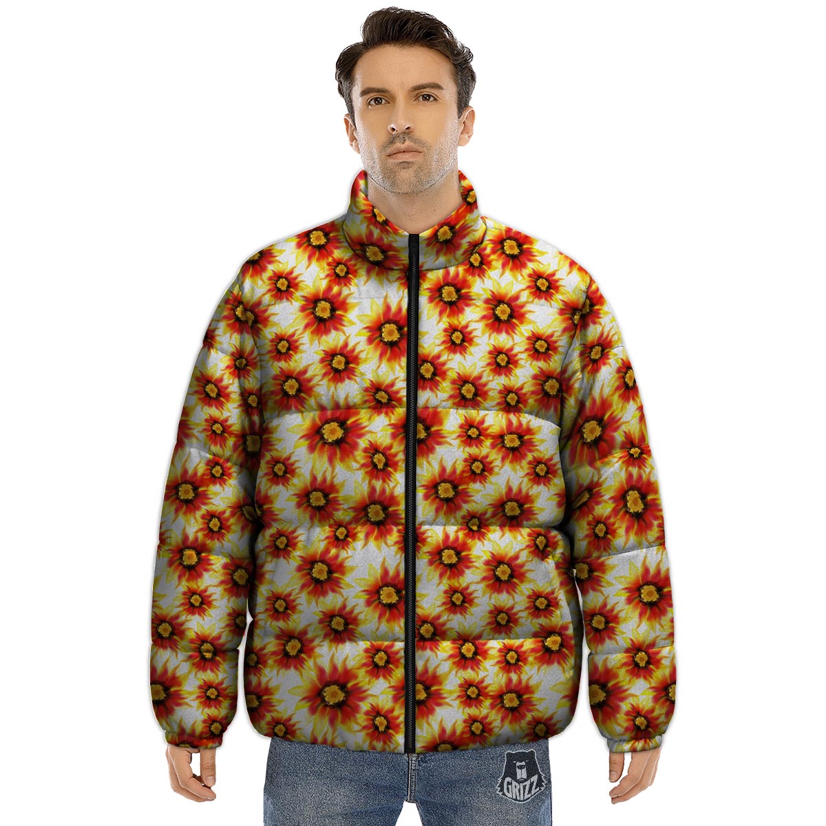Sunflower Red Autumn Print Pattern Puffer Jacket-grizzshop