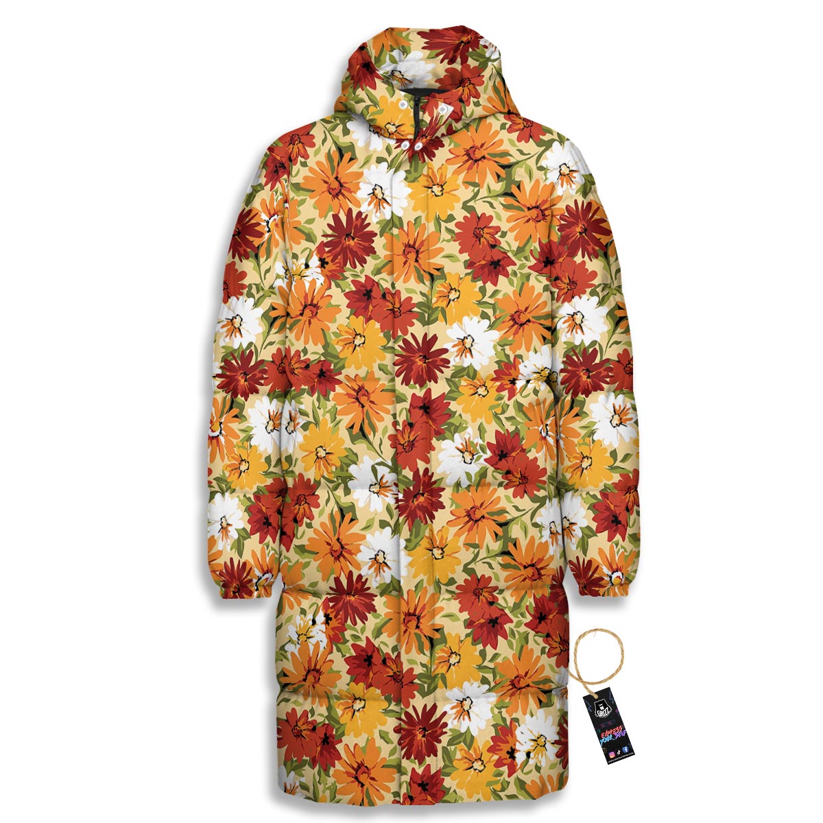 Sunflower Red Print Pattern Long Down Jacket-grizzshop