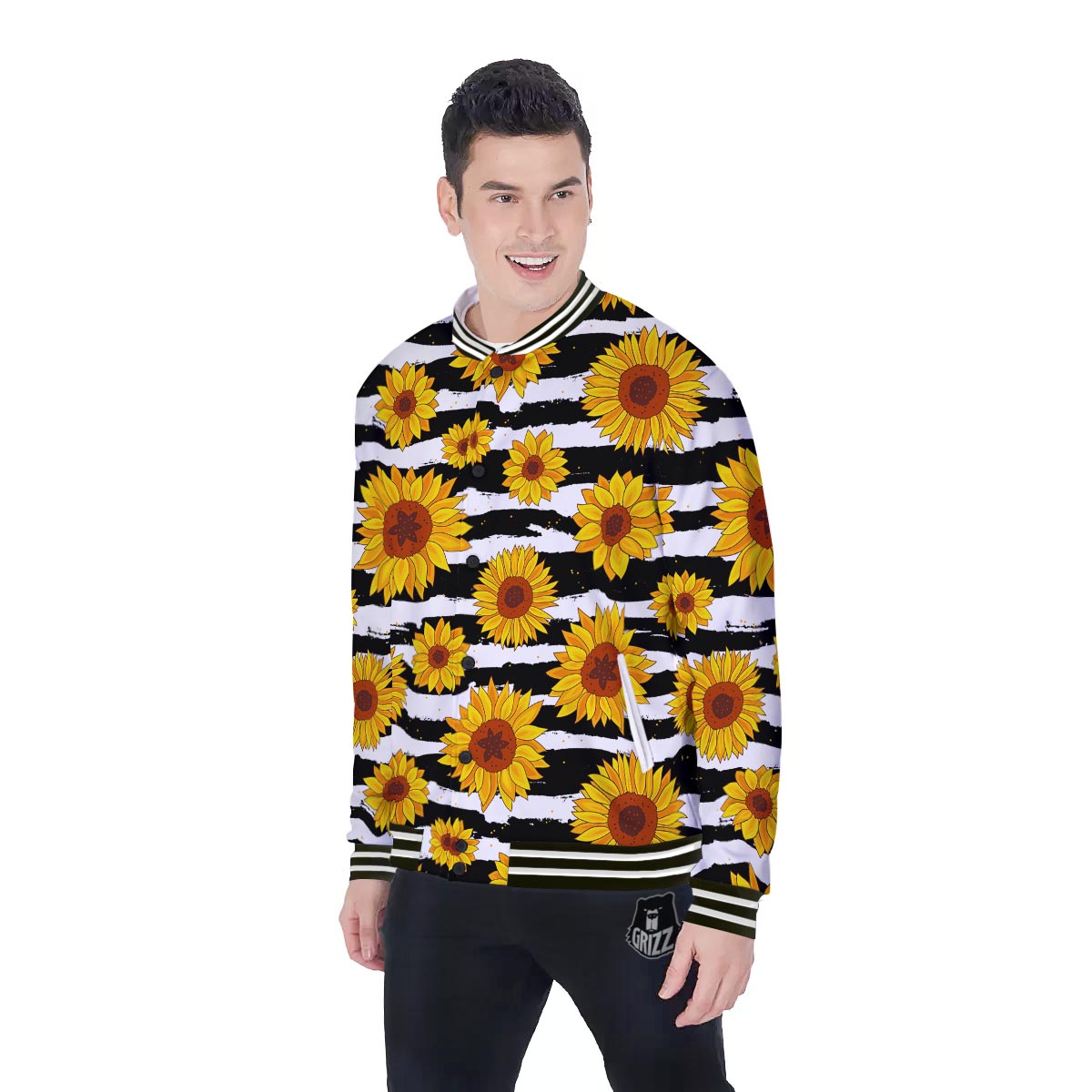 Sunflower Stripe Print Pattern Baseball Jacket-grizzshop
