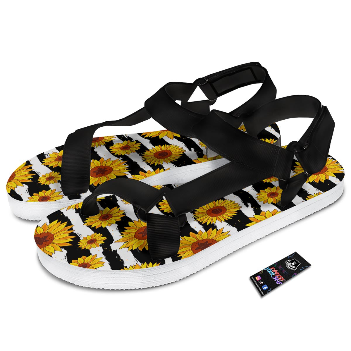 Sunflower Stripe Print Pattern Black Open Toe Sandals-grizzshop