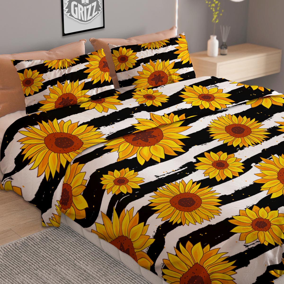 Sunflower Stripe Print Pattern Duvet Cover Bedding Set-grizzshop