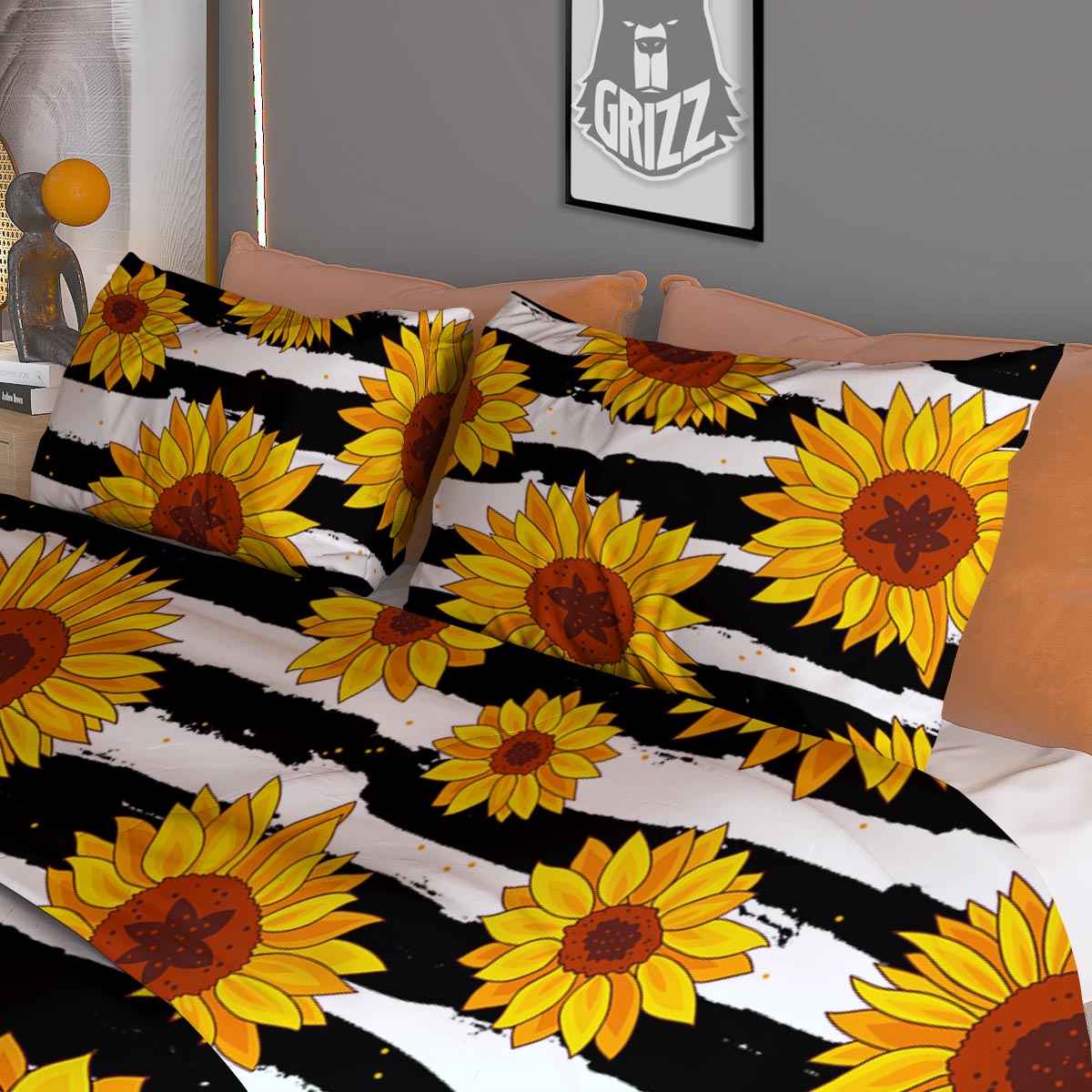 Sunflower Stripe Print Pattern Duvet Cover Bedding Set