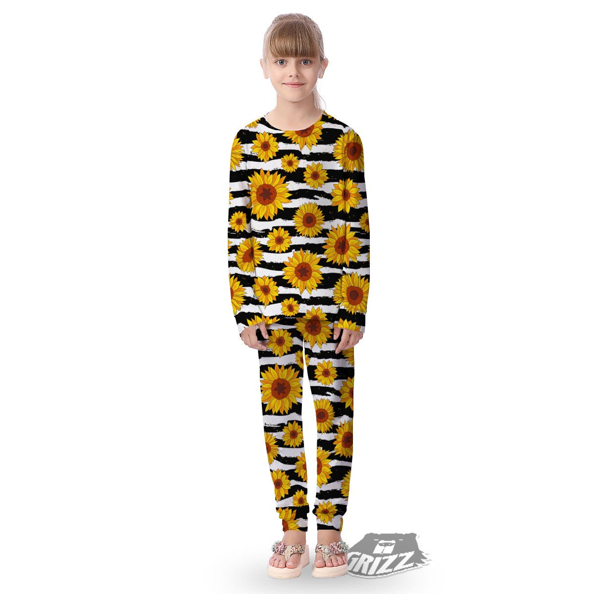 Sunflower Stripe Print Pattern Kid's Pajamas-grizzshop