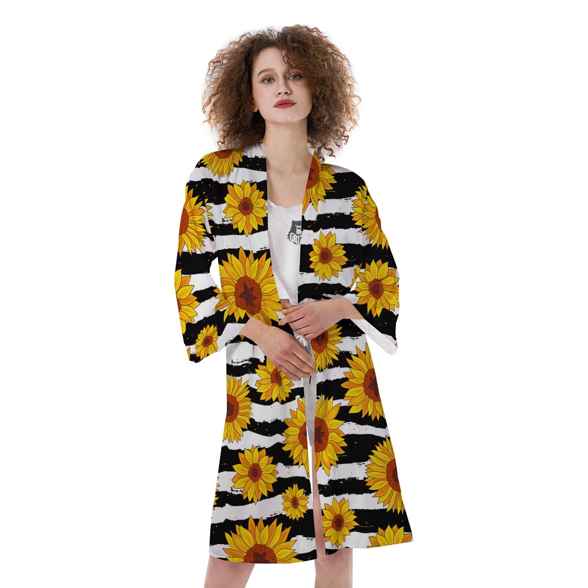 Sunflower Stripe Print Pattern Kimono-grizzshop