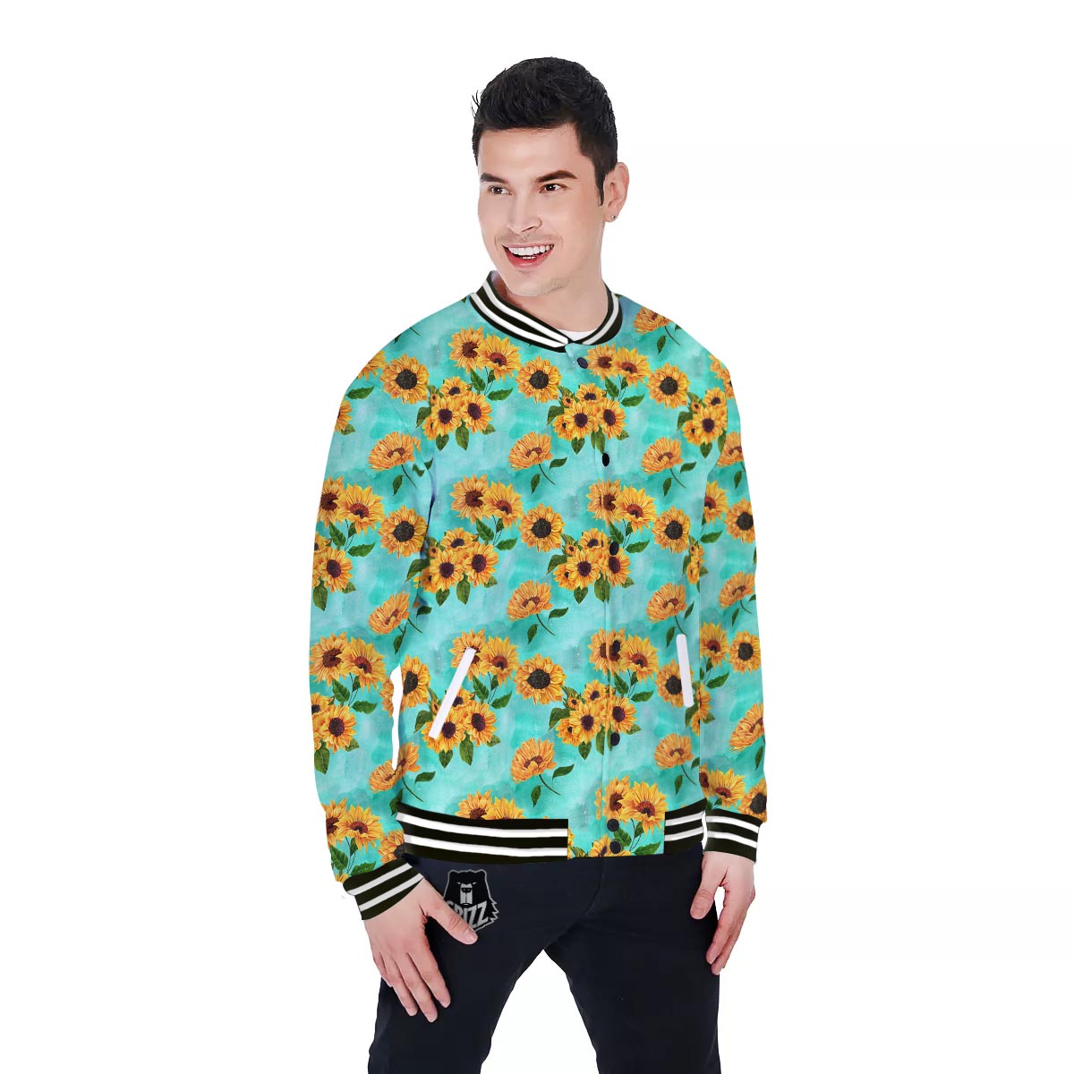 Sunflower Teal Watercolor Print Pattern Baseball Jacket-grizzshop