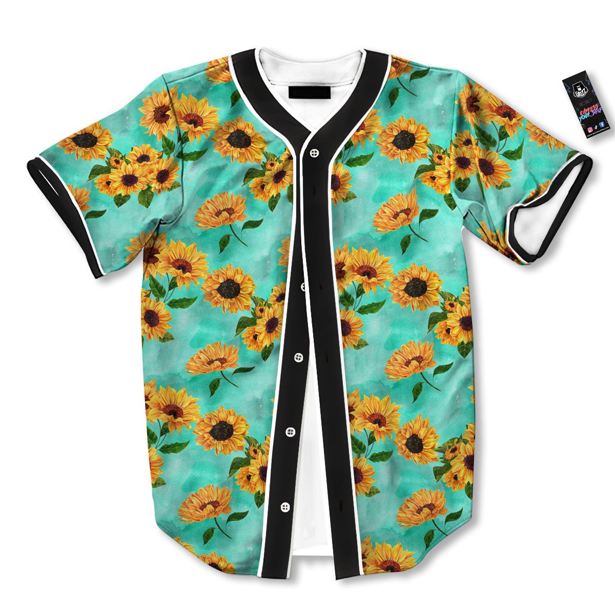 Sunflower Teal Watercolor Print Pattern Baseball Jersey-grizzshop